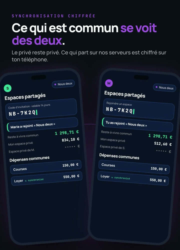 Deux téléphones côte à côte montrant le même espace partagé, avec le reste à vivre commun et les espaces privés masqués